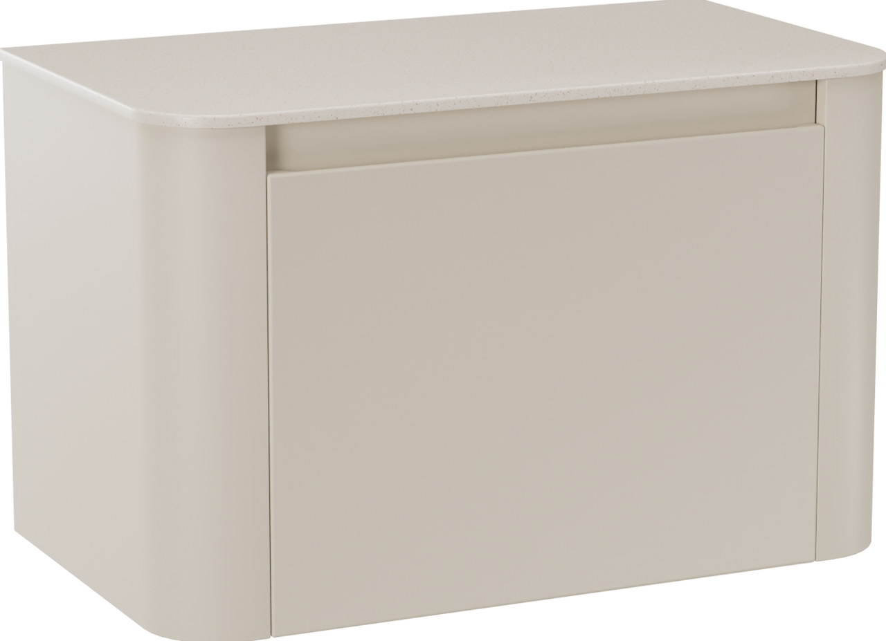 Storke Soft zwevend badmeubel 80 x 46 cm Sand mat met Tavola Soft enkel wastafelblad in solid surface beige granita