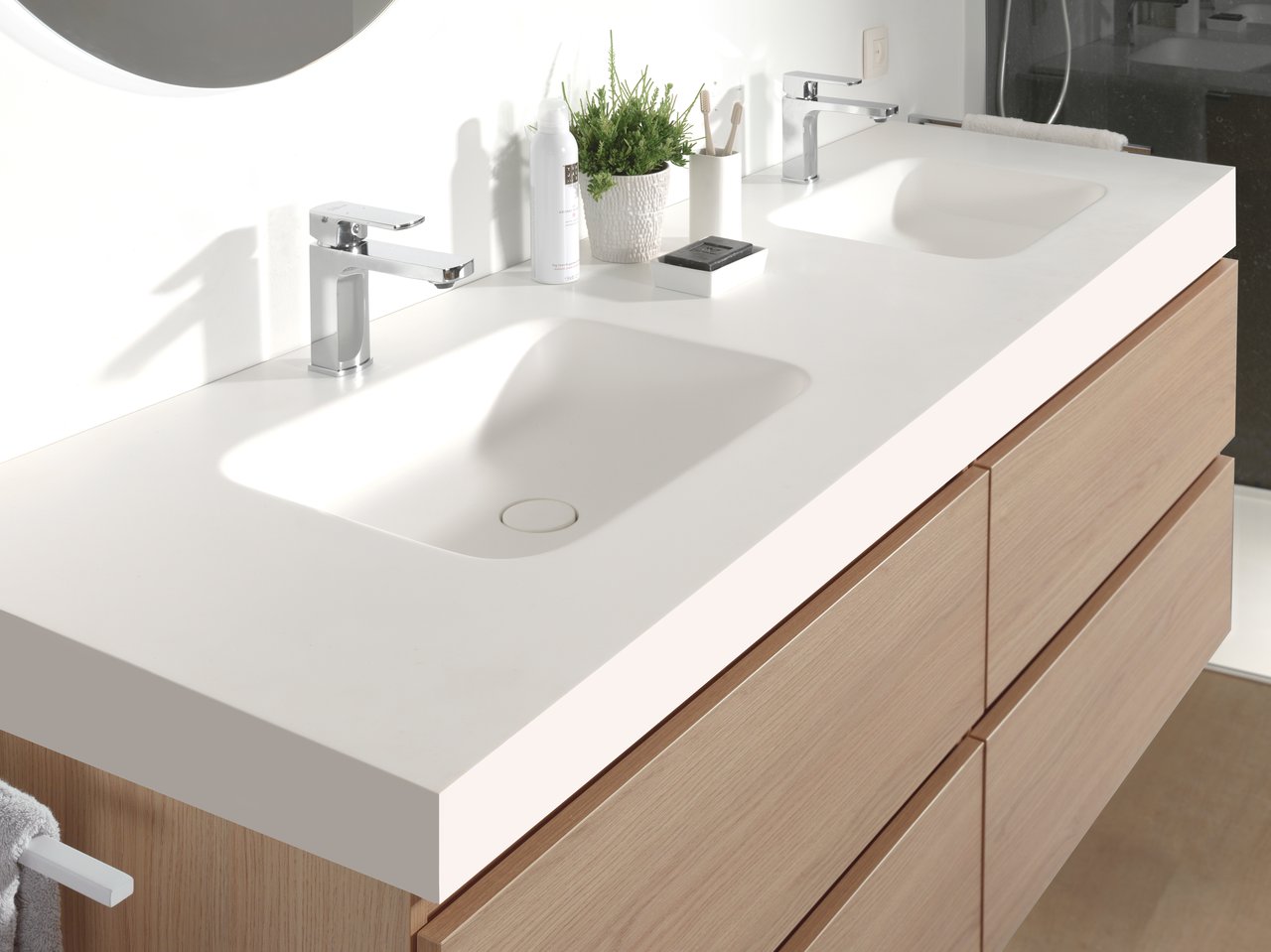 Balmani Arcato dubbele wastafel matte Solid Surface 150 x 55 cm, afvoerplug niet inbegrepen