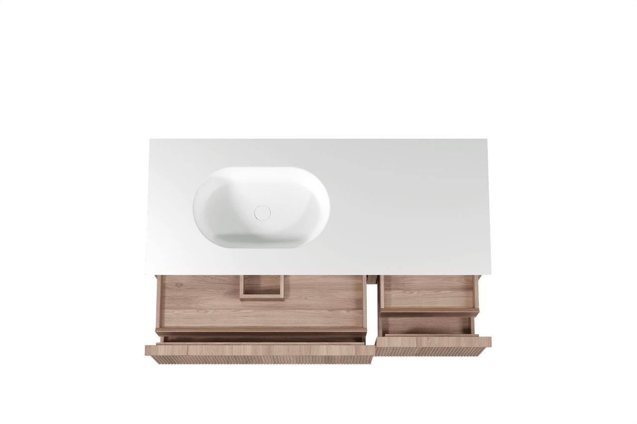 Balmani Forma hängendes Möbelstück Set: 135 x 55 cm, Teak, mit Tablo Oval Waschtisch links, Solid Surface, Weiß matt, Vertikale symmetrische gerade Rippe