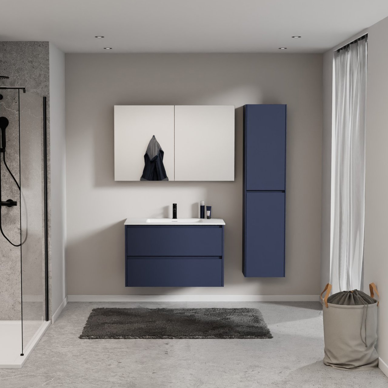 Storke Seda meuble salle de bains suspendu 95 x 52 cm bleu nuit avec Mata plan simple en solid surface blanc mat