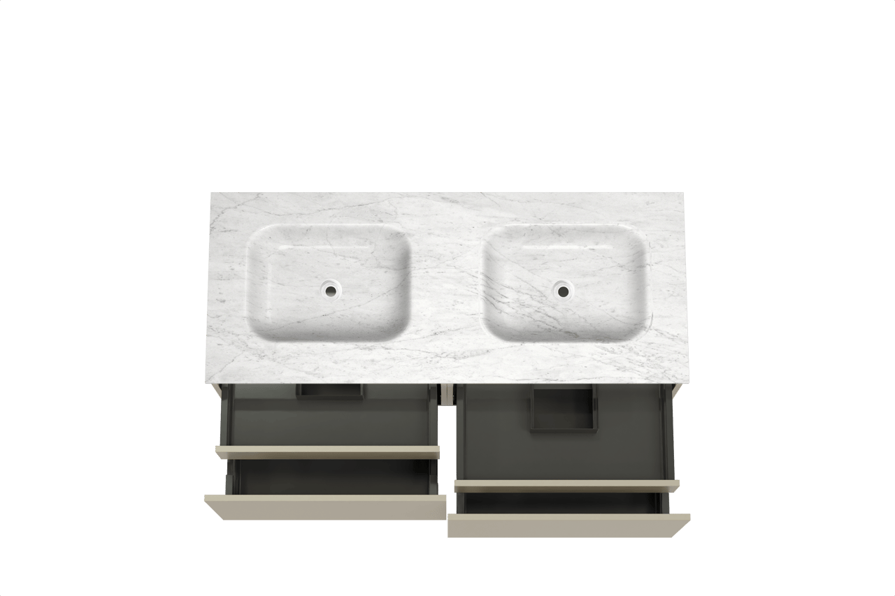 Balmani Sfera hängendes Möbelstück Set: 135 x 55 cm, Dune, mit Tablo Arcato Doppelwaschtisch, Marmor Carrara