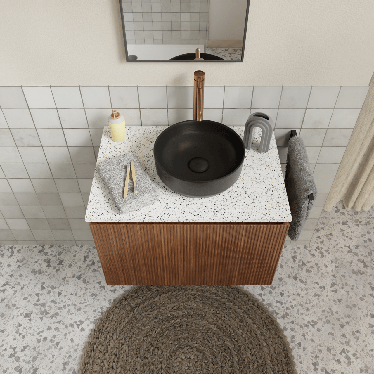 Storke Tavola Einzel Waschtischplatte Weiß/Schwarz Terrazzo Matt 75 x 52 cm