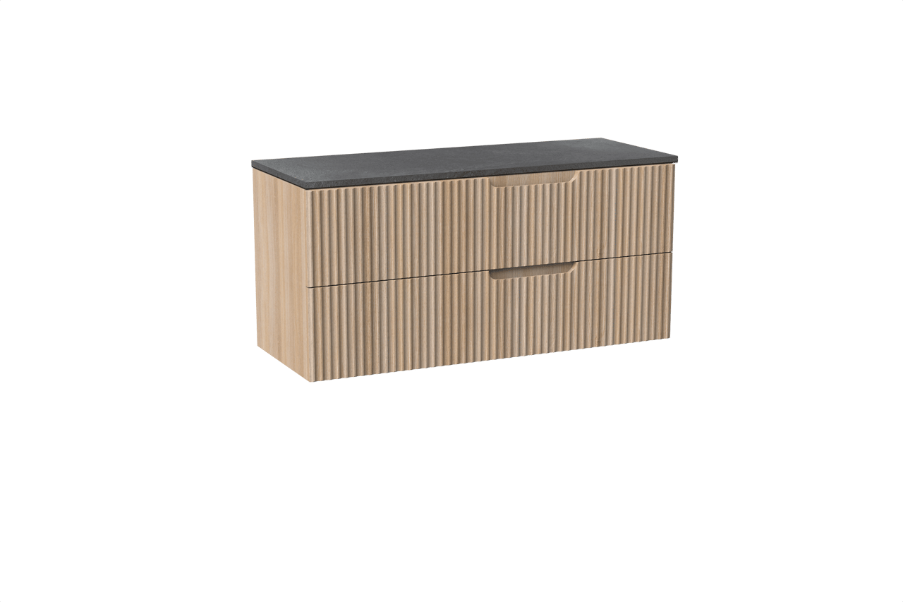 Linie Ribbo hängendes Möbelstück Set: 120 x 46 cm, Helle Eiche, mit Lado Einzel- oder Doppel Waschtischplatte, Melamin, Schiefergrau, Vertikale symmetrische runde Rippe