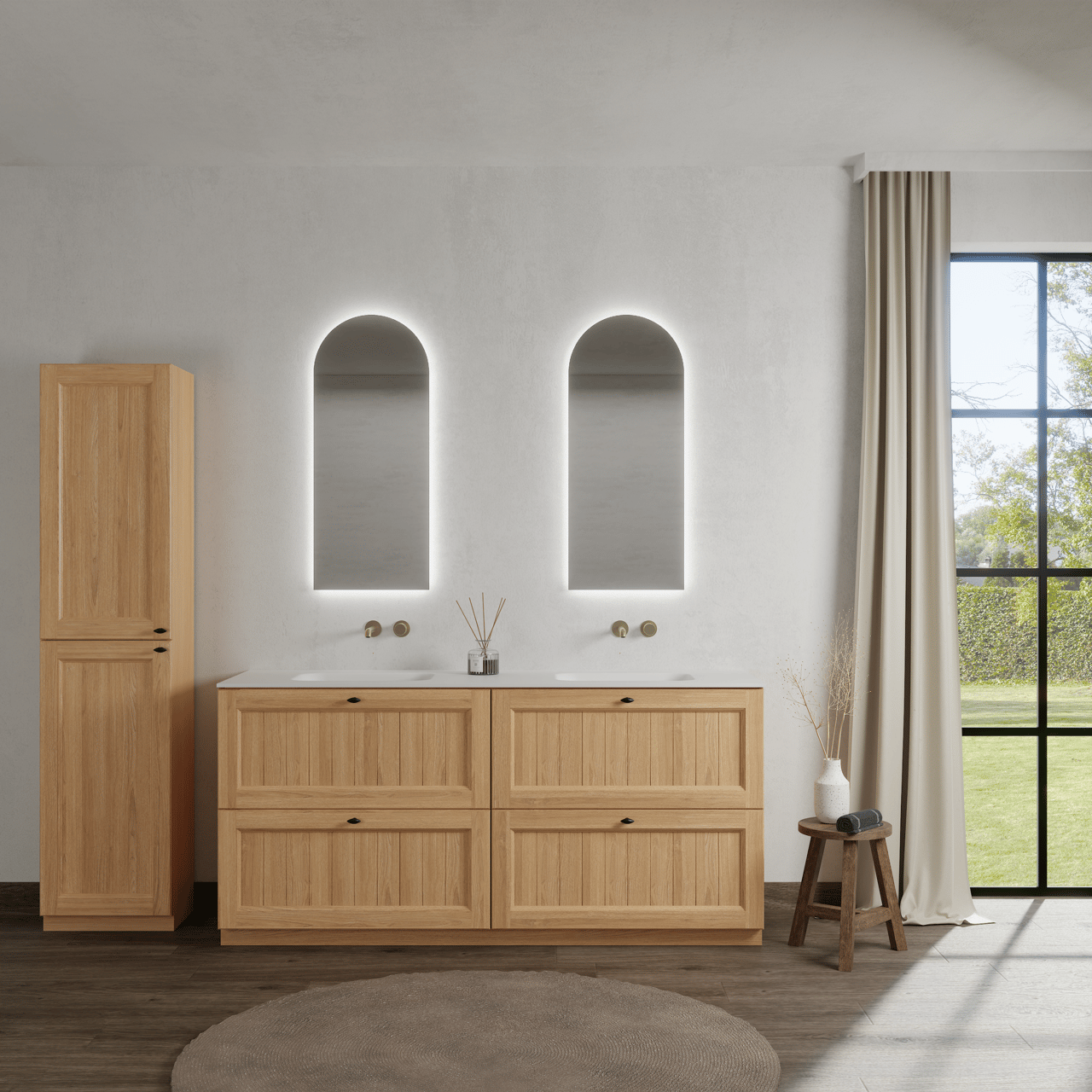 Balmani Lemon staand badkamermeubel 180 x 55 cm, fineer natuur eik met Tablo Arcato dubbele wastafel in mat wit