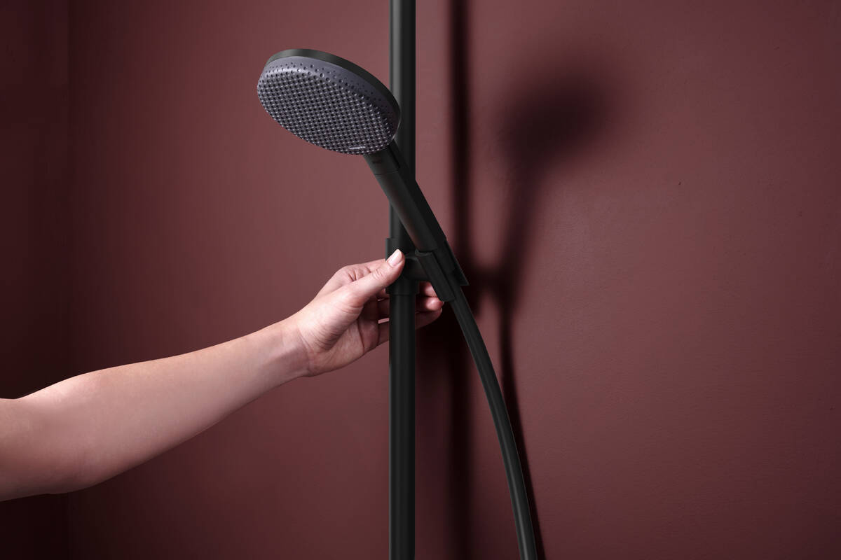 Hansgrohe Raindance Alive S Puro Showerpipe Duschsystem 300 1jet mit Ecostat Element Thermostat, Schwarz Matt