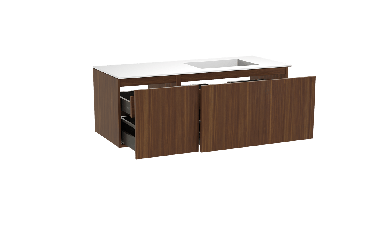 Balmani Sfera meuble salle de bains suspendu 135 x 55 cm noyer américain avec Tablo Stretto plan vasque asymétrique à droite en solid surface blanc mat