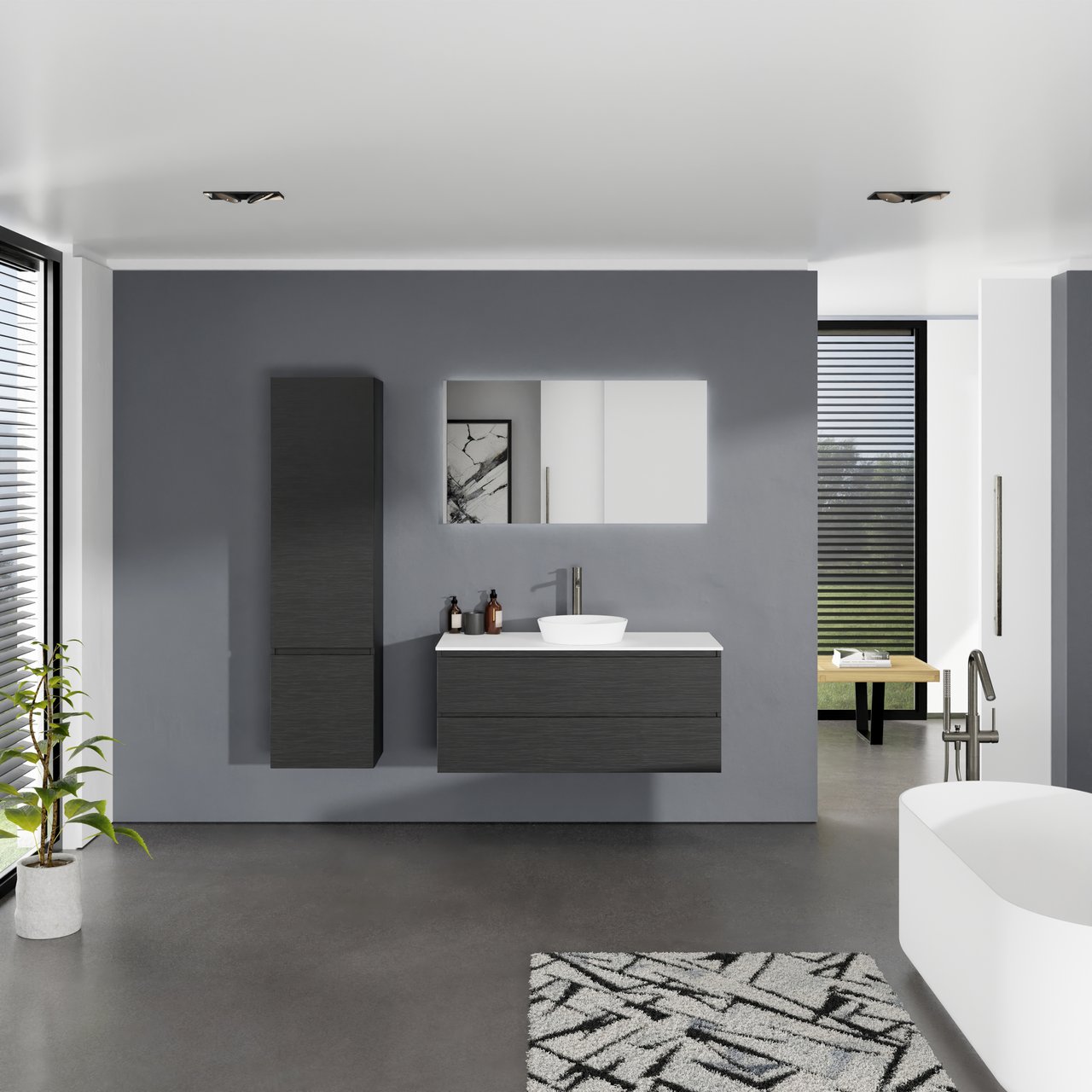 Balmani Lucida meuble salle de bains suspendu 120 x 55 cm chêne noir avec Stretto tablette simple ou double en solid surface blanc mat