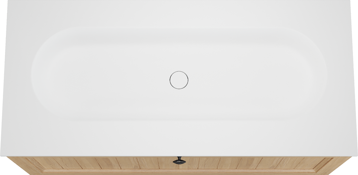 Balmani Lemon hängendes Möbelstück Set: 120 x 55 cm, Naturbelassene Eiche Furnier, mit Tablo Oval Einzelwaschtisch für 2 Armaturenlöcher, Weiß matt