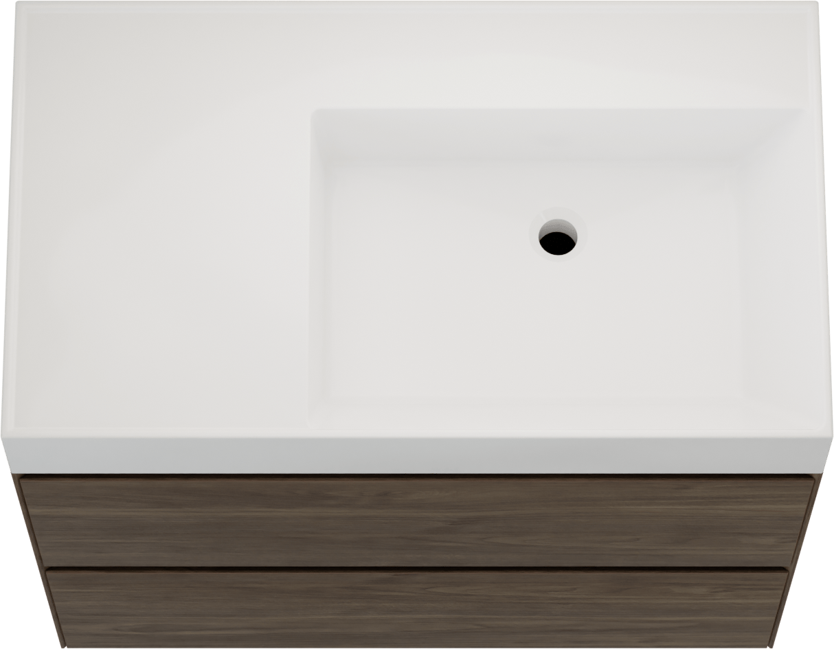 Balmani Mitra Compact meuble salle de bains suspendu 80 x 46 cm Noyer américain avec Argila vasque asymétrique droite en marbre composite blanc brillant