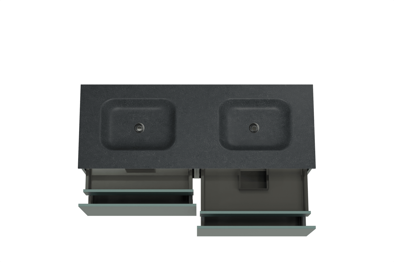 Balmani Sfera zwevend badkamermeubel 150 x 55 cm forest met Tablo Arcato dubbele wastafel in graniet zwart
