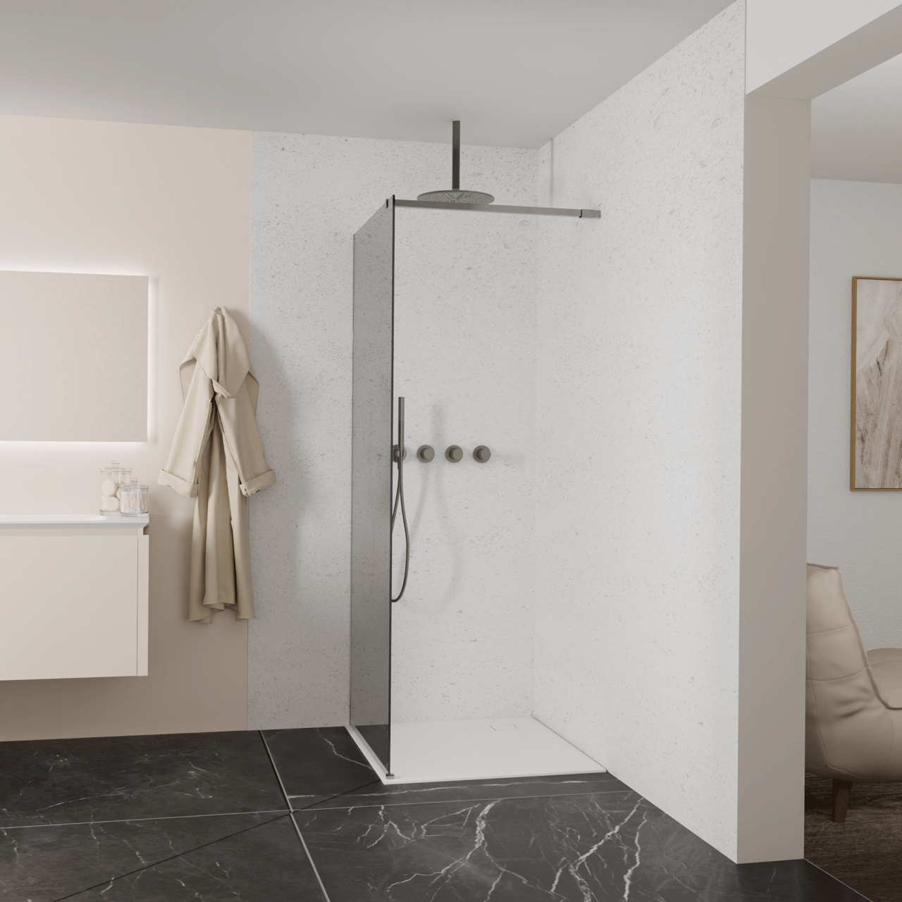 Balmani Modular douche à l'italienne: 90 x 200 cm, Miroir Reflex, avec coating, Profil Brushed GunMetal