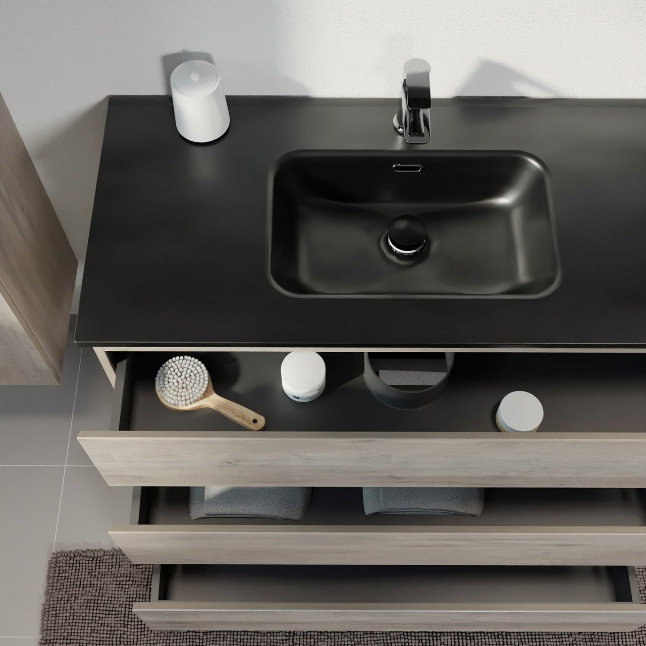 Linie Lado staand badmeubel 120 x 46 cm grijs eiken met Baro dubbele wastafel in porselein mat zwart