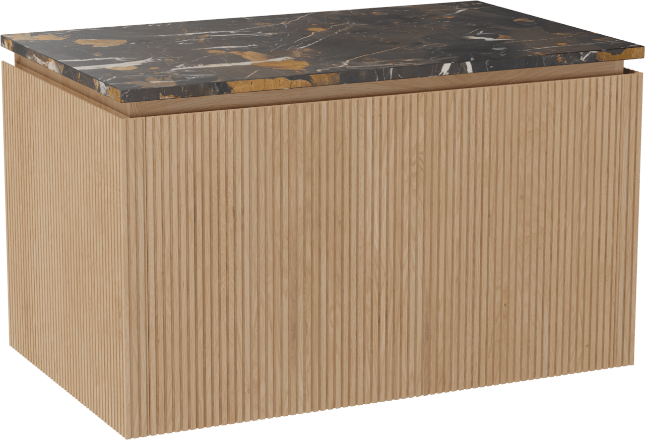 Balmani Eclips hängendes Möbelstück Set: 90 x 55 cm, Eiche Natur, mit Stretto Einzel Waschtischplatte Portoro Gold Marmor, Vertikale symmetrische gerade Rippe