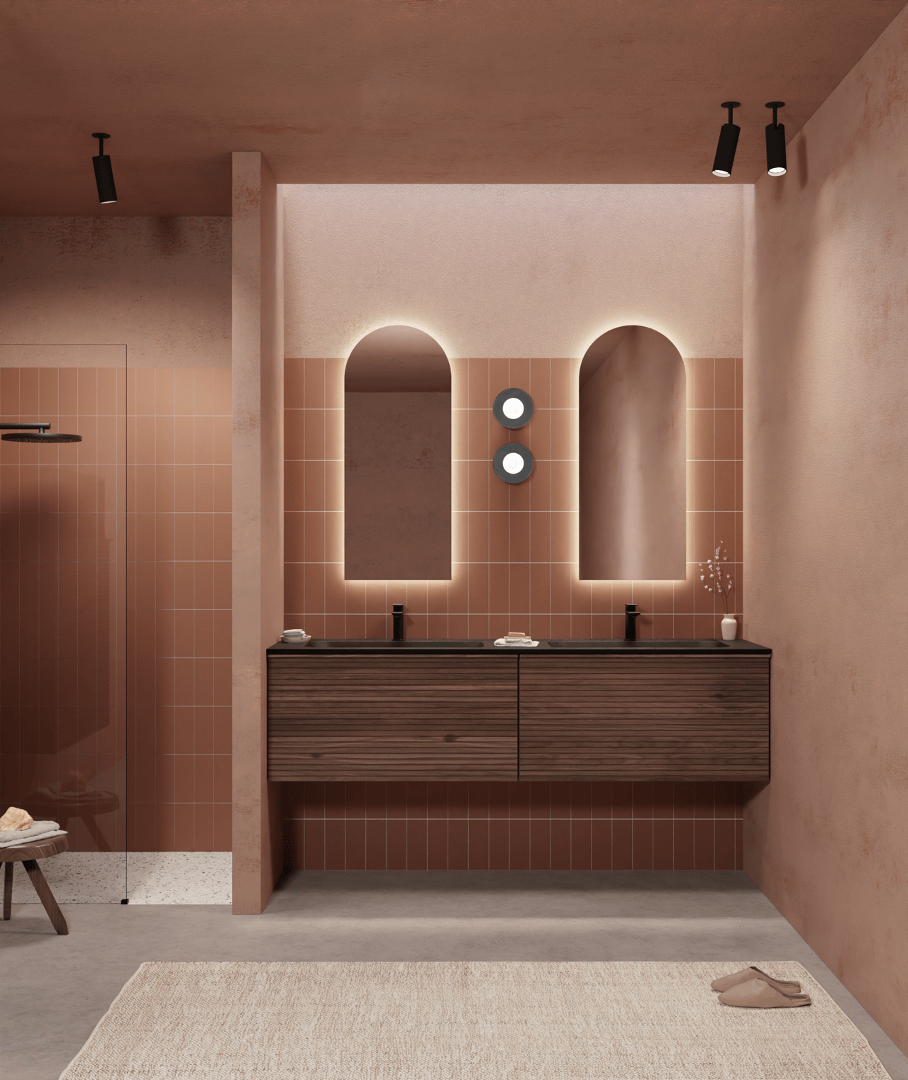 Balmani Forma hängender Waschbeckenunterschrank: horizontale Rippen, 90 x 55 cm, Amerikanischer Nussbaum, 2 Schubladen