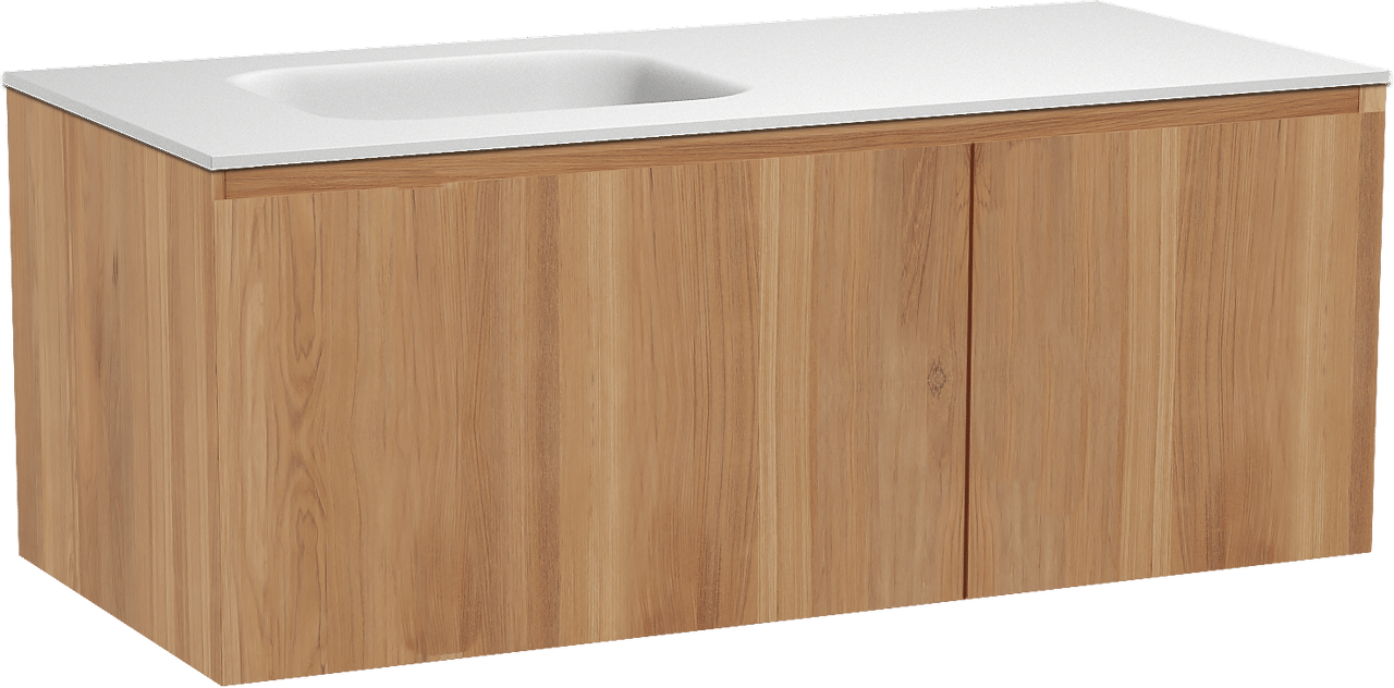 Balmani Idra hängendes Möbelstück Set: 120 x 55 cm, Teak, mit Tablo Arcato Waschtisch links, Solid Surface Weiß matt