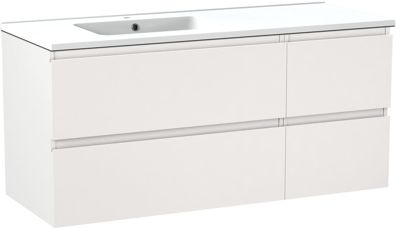Linie Lado zwevend badkamermeubel 120 x 46 cm mat wit met Vano asymmetrisch linkse wastafel in composietmarmer mat wit