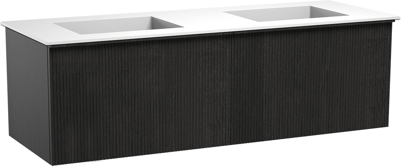 Balmani Forma hängendes Möbelstück Set: 150 x 55 cm, Schwarze Eiche, mit Tablo Stretto Doppelwaschtisch, Solid Surface, Weiß matt, Vertikale symmetrische gerade Rippe