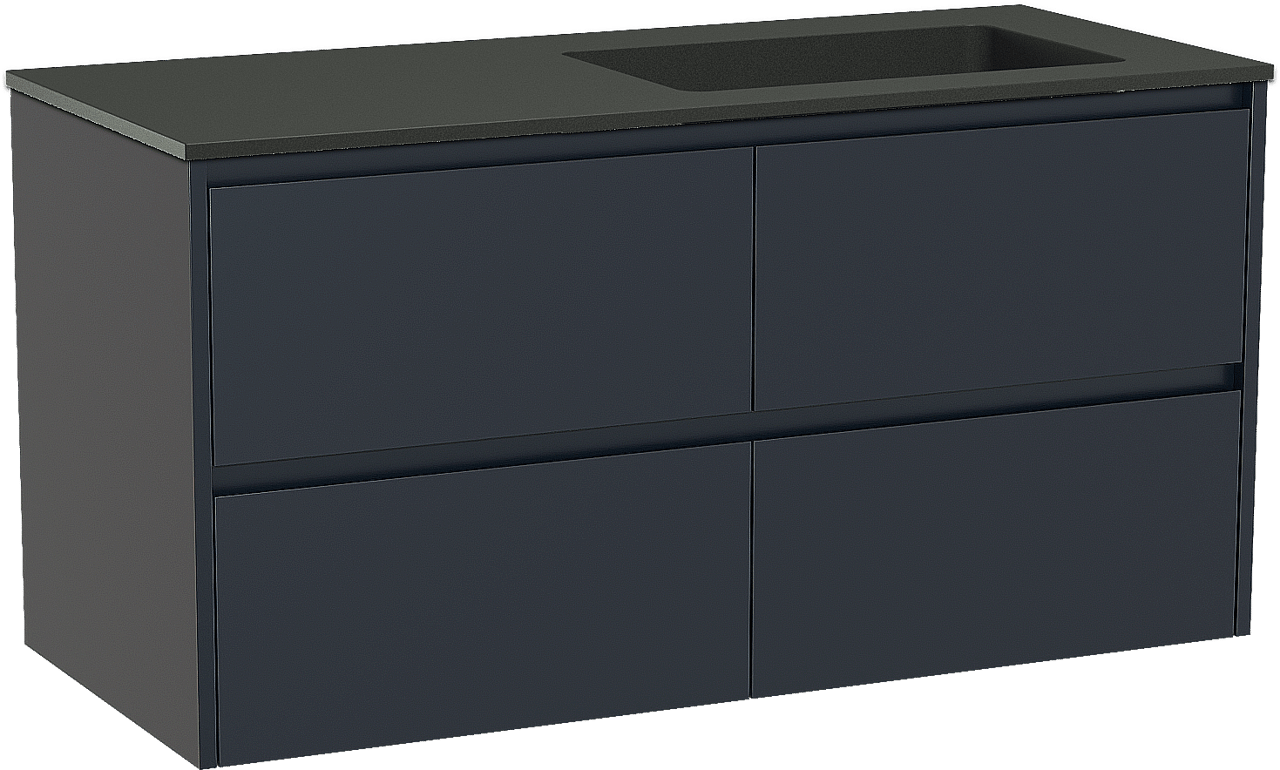 Storke Seda meuble salle de bains suspendu 120 x 52 cm bleu nuit avec Scuro vasque asymétrique droite en quartz noir mat