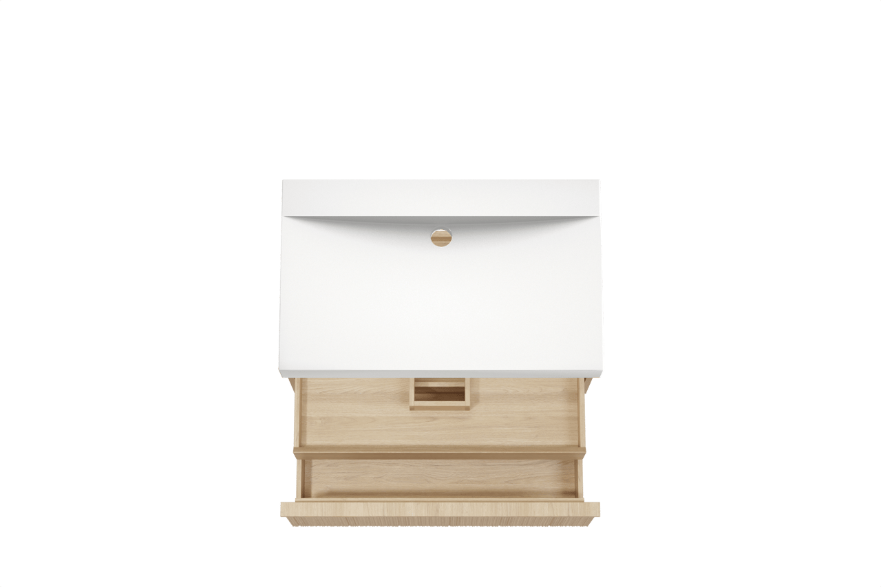 Balmani Forma hängendes Möbelstück Set: 90 x 55 cm, Naturbelassene Eiche, mit Wave Einzelwaschtisch, Solid Surface, Weiß matt, Vertikale asymmetrische Runde Rippe