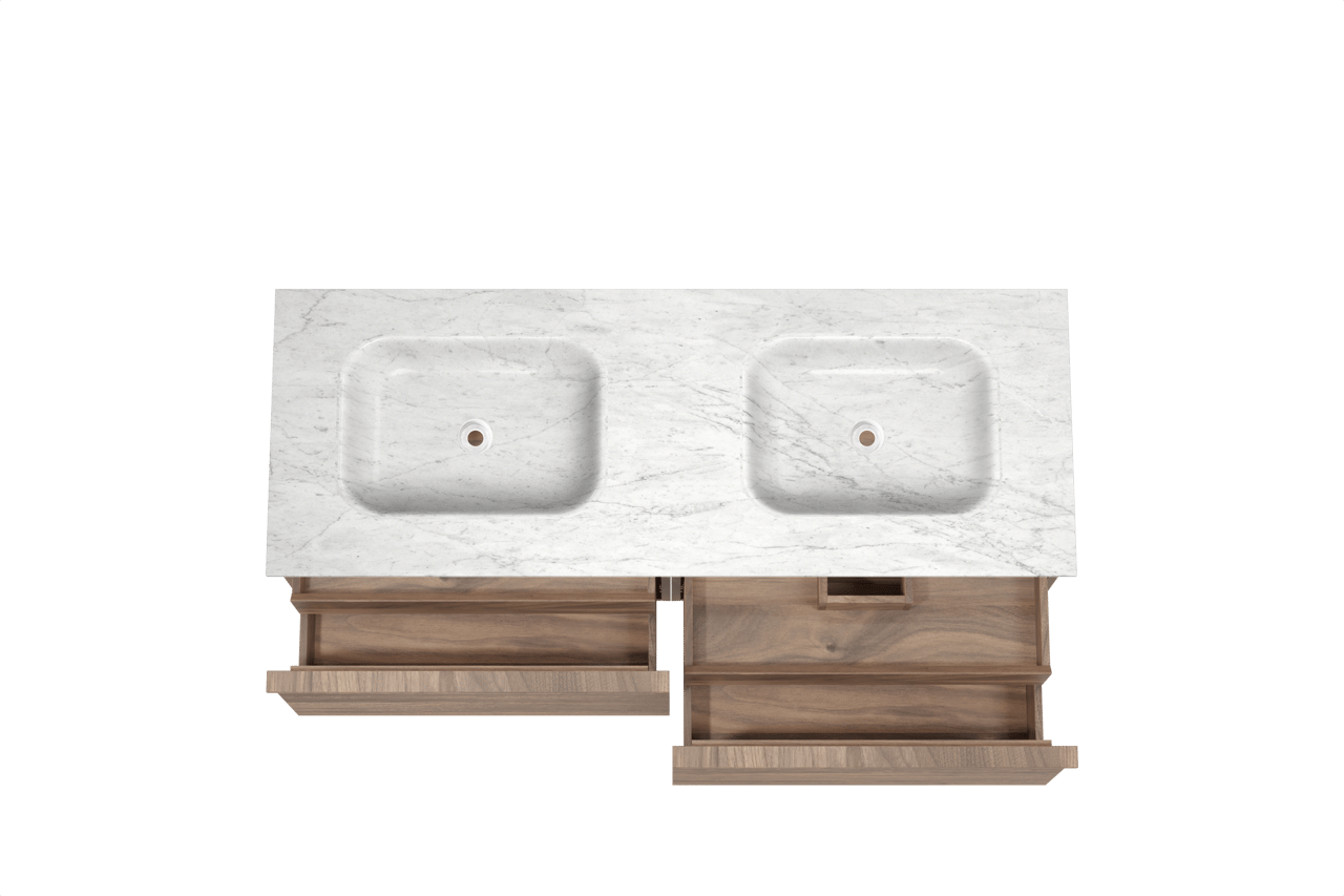 Balmani Forma zwevend badkamermeubel 150 x 55 cm amerikaanse notelaar met Tablo Arcato dubbele wastafel in marmer carrara, Horizontale symmetrische rechte ribbel