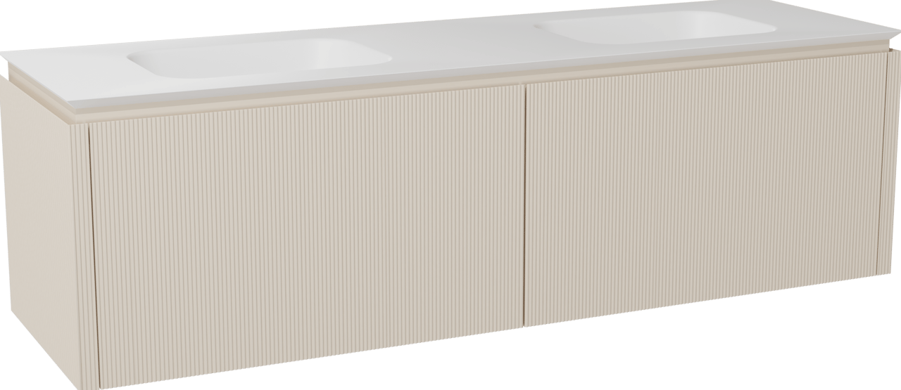 Balmani Eclips meuble salle de bains suspendu 180 x 55 cm Sandbeige avec Eclips double vasque en Solid Surface blanc mat, Nervure droite symétrique verticale