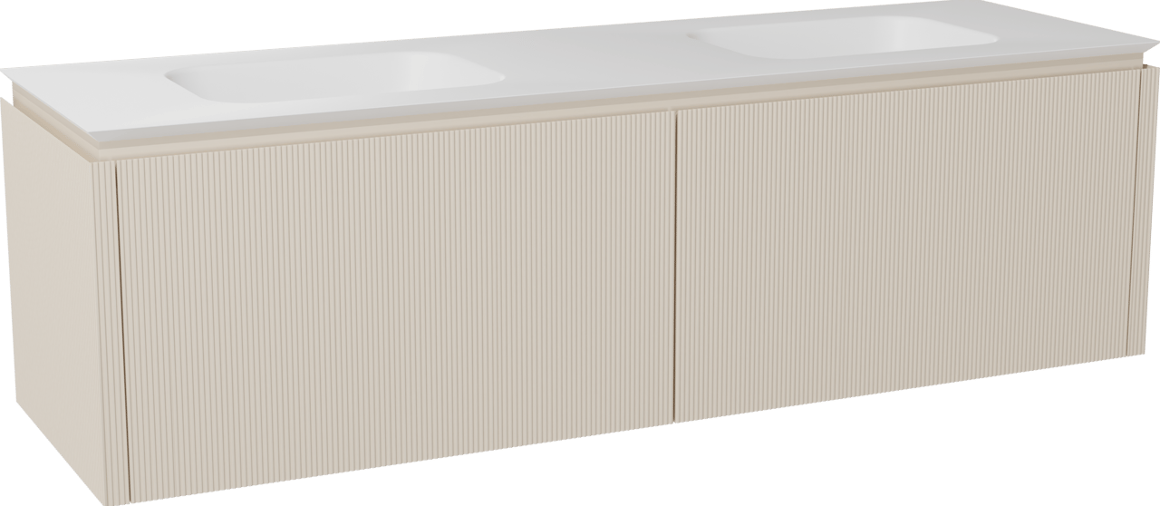 Balmani Eclips hängendes Möbelstück Set: 180 x 55 cm, Sandbeige, mit Eclips Doppelwaschtisch Solid Surface Weiβ matt, Vertikale symmetrische gerade Rippe