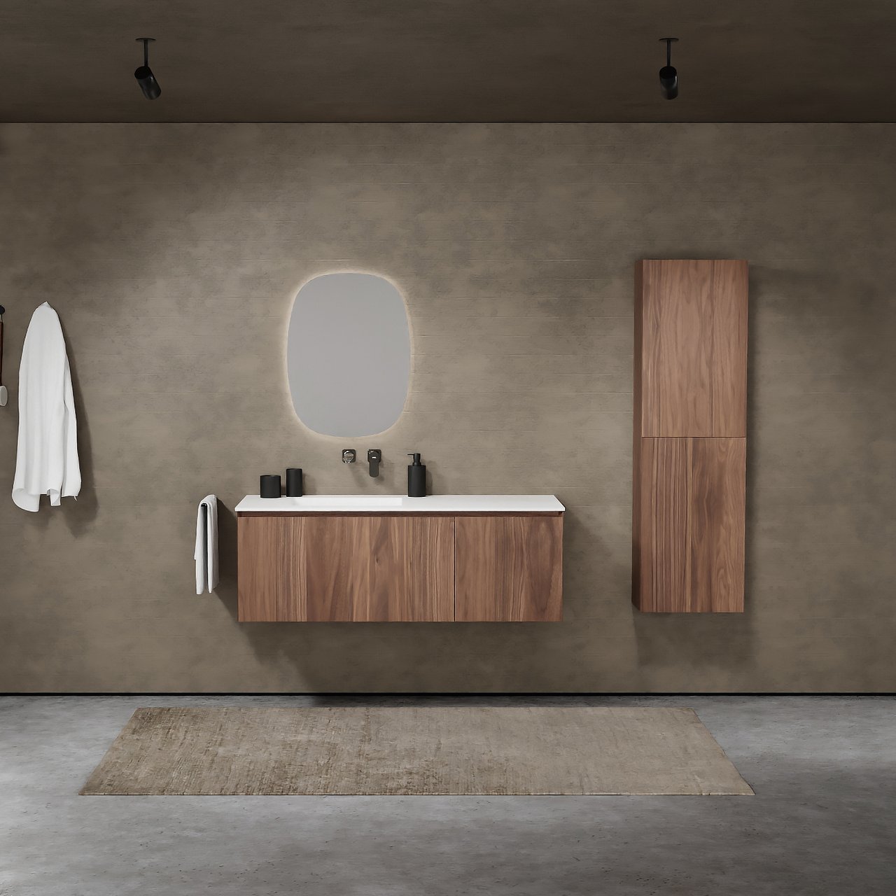 Balmani Idra meuble salle de bains suspendu 135 x 55 cm noyer avec Tablo Arcato plan vasque asymétrique à gauche en solid surface blanc mat