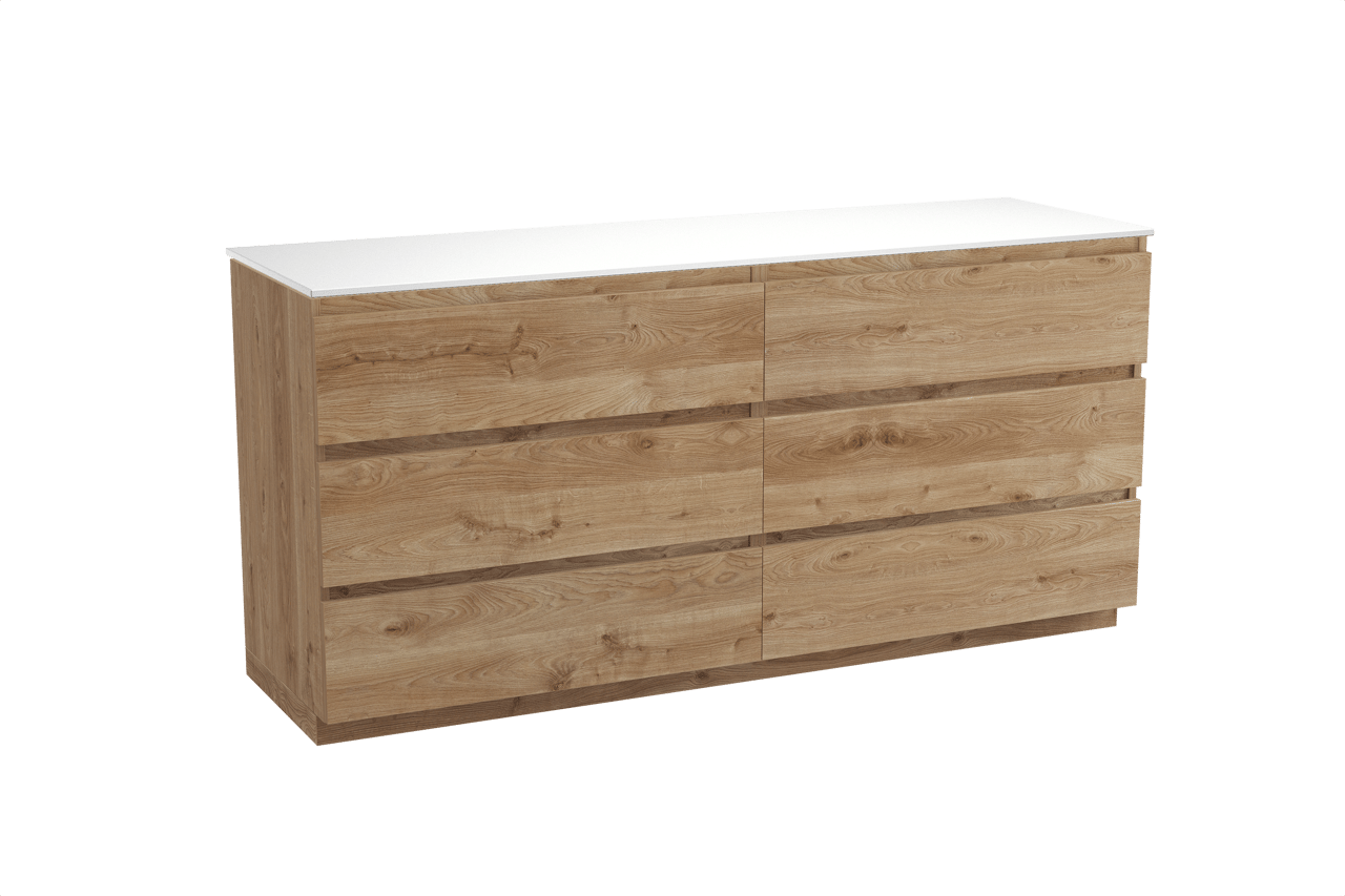 Balmani Lucida freistehendes Möbelstück Set: 180 x 55 cm, Rohe Eiche, mit Stretto Einzel- oder Doppel Waschtischplatte, Solid Surface Weiß matt