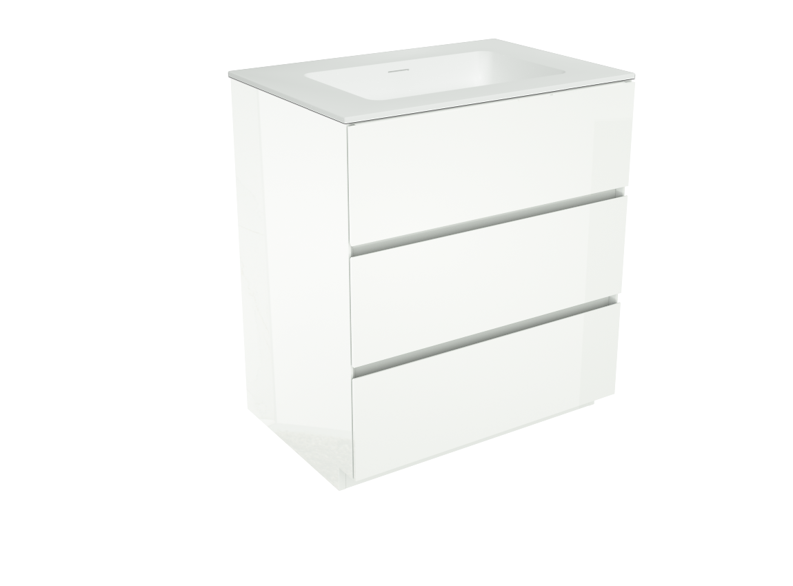 Storke Edge freistehendes Möbelstück Set: 75 x 52 cm, Weiß glänzend, mit Mata Einzelwaschtisch, Solid Surface Weiß matt