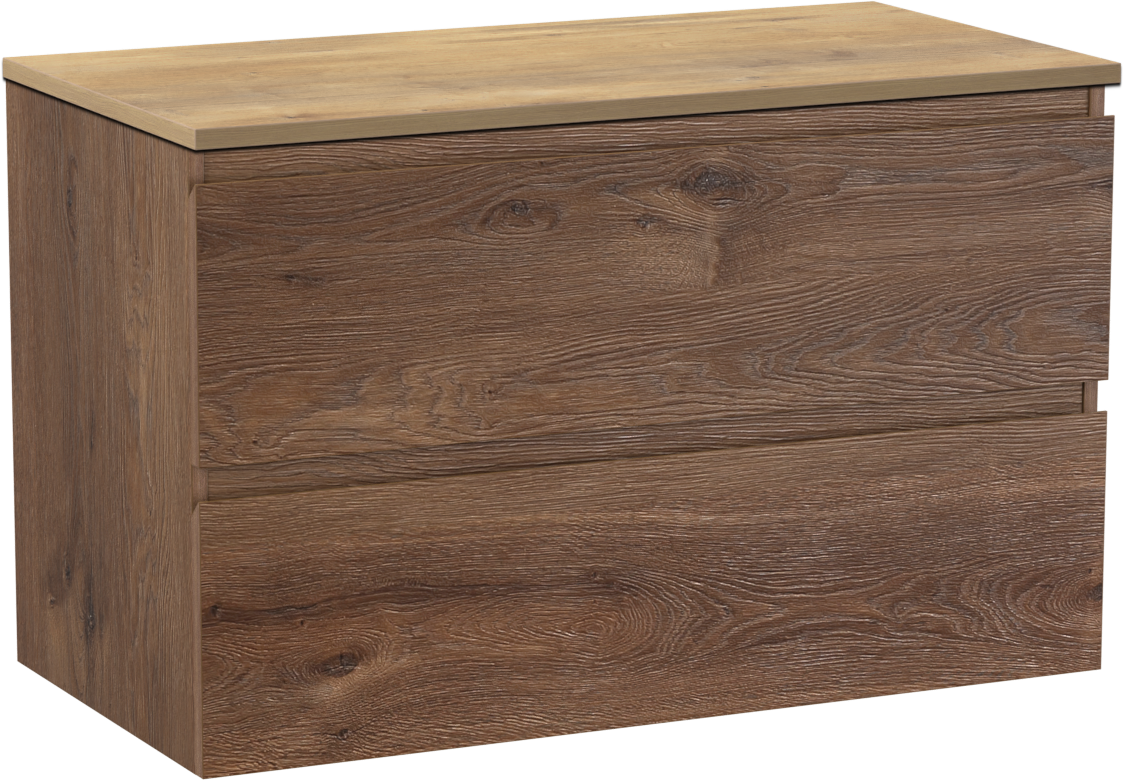 Linie Lado hängendes Möbelstück Set: 90 x 46 cm, Braune Eiche, mit Lado Einzel Waschtischplatte, Melamin Naturbelassene Eiche