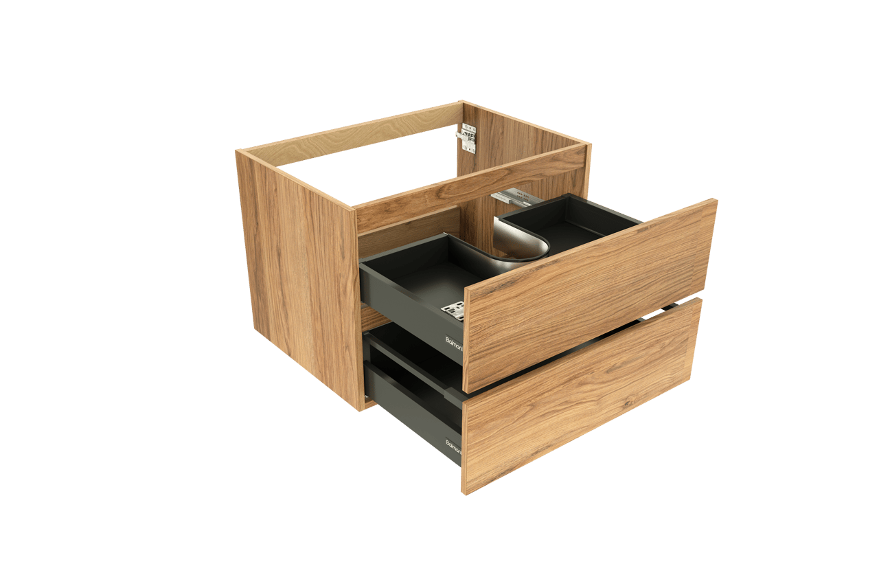 Balmani Lucida hängender Waschbeckenunterschrank: 75 x 55 cm, Teak, 2 Schubladen