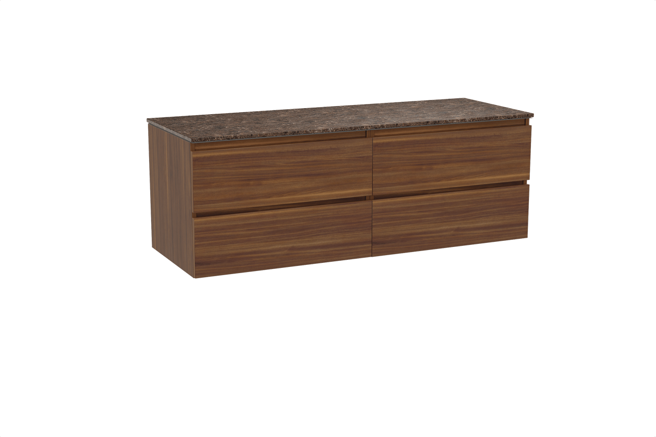 Balmani Lucida meuble salle de bains suspendu 150 x 55 cm noyer américain avec Stretto tablette simple ou double en marbre dark emperador