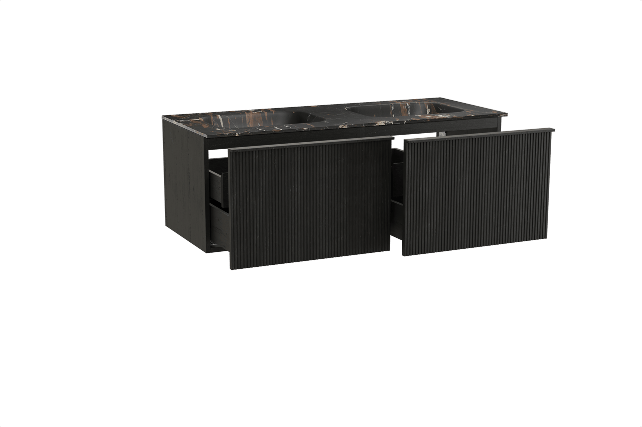 Balmani Forma zwevend badkamermeubel 135 x 55 cm zwarte eik met Tablo Arcato dubbele wastafel in marmer portoro gold, Verticale symmetrische rechte ribbel