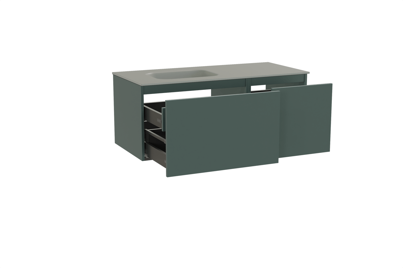 Balmani Sfera meuble salle de bains suspendu 120 x 55 cm forest avec Tablo Arcato vasque asymétrique gauche en solid surface gris pierre