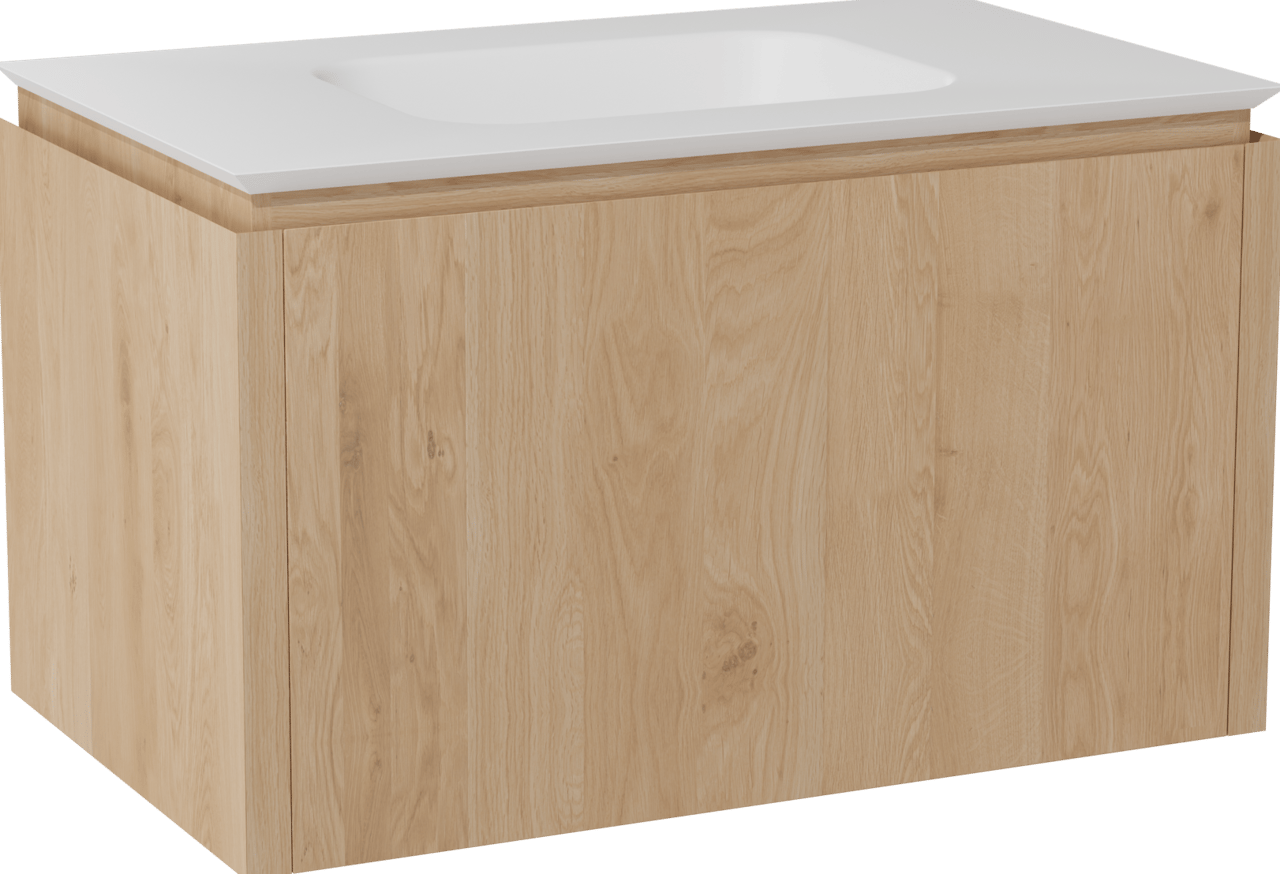 Balmani Eclips zwevend badmeubel 90 x 55 cm Natuur eiken met Eclips enkele wastafel in Solid Surface mat wit