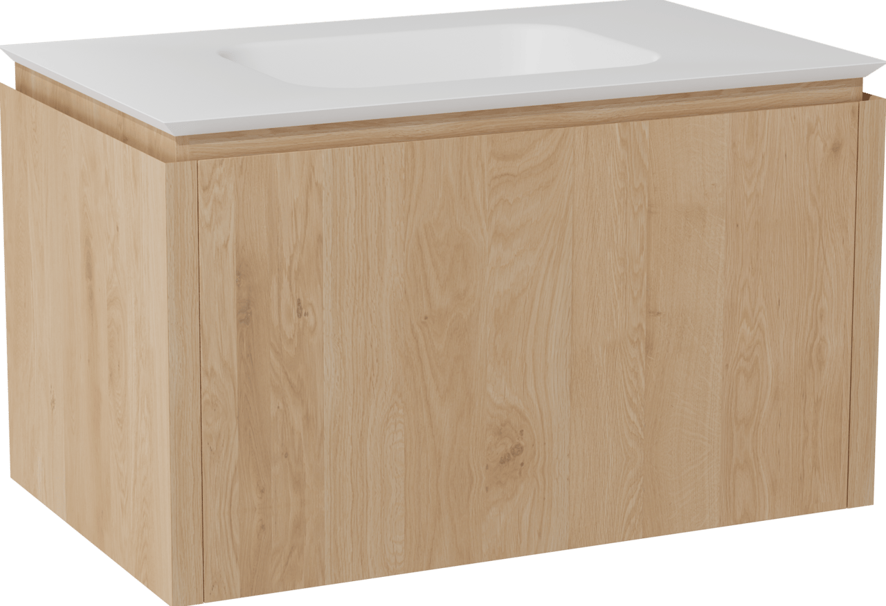 Balmani Eclips zwevend badkamermeubel 90 x 55 cm Natuur eik met Eclips enkele wastafel in Solid Surface mat wit