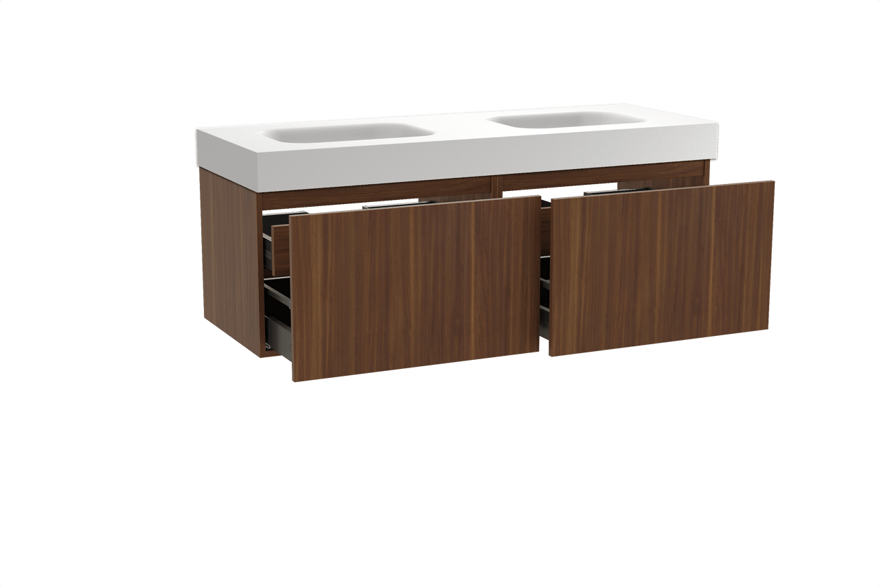 Balmani Sfera meuble salle de bains suspendu 150 x 55 cm noyer américain avec Arcato double vasque en solid surface blanc mat