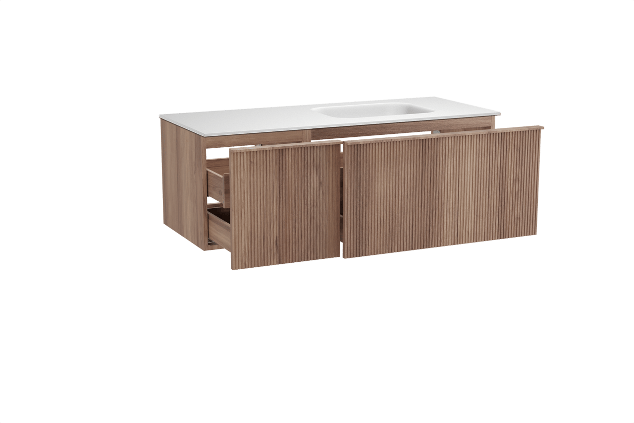 Balmani Forma meuble salle de bains suspendu 135 x 55 cm teck avec Tablo Arcato vasque asymétrique droite en solid surface blanc mat, Nervure droite symétrique verticale