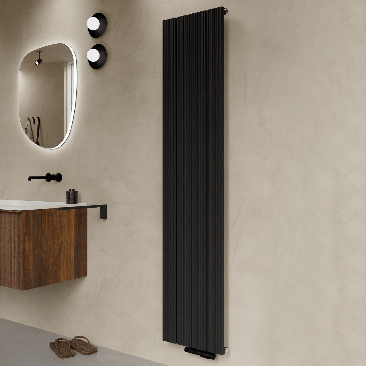 Vipera Mares enkele handdoekradiator 37,5 x 180 cm centrale verwarming mat zwart zij- en middenaansluiting 1085W