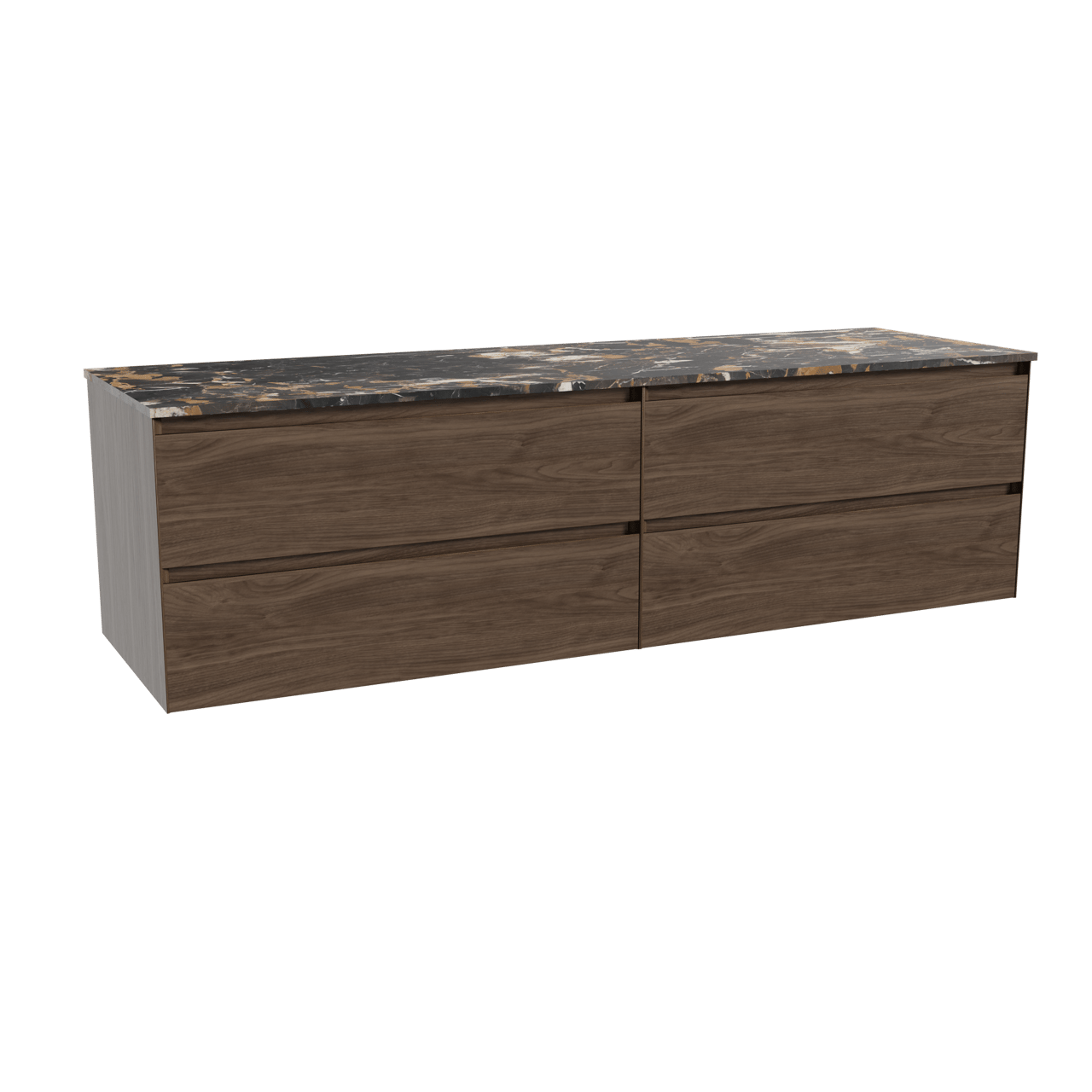 Balmani Mitra hängendes Möbelstück Set: 180 x 55 cm, Amerikanischer Nussbaum, mit Stretto Einzel- oder Doppel Waschtischplatte, Marmor Portoro Gold