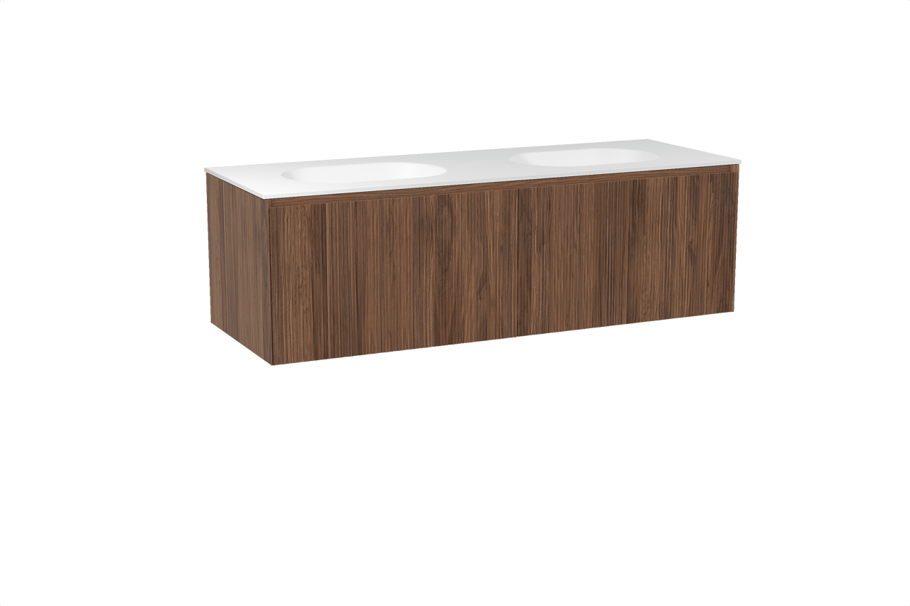 Balmani Fila hängendes Möbelstück Set: 150 x 55 cm, Nussbaum, mit Tablo Oval Doppelwaschtisch, Solid Surface, Weiß matt, Vertikale symmetrische gerade Rippe