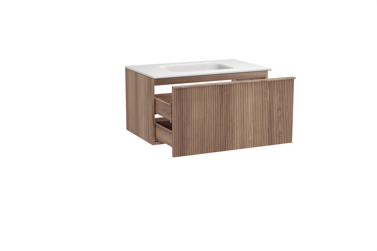 Balmani Forma hängendes Möbelstück Set: 90 x 55 cm, Teak, mit Tablo Arcato Einzelwaschtisch, Solid Surface, Weiß matt, Vertikale symmetrische gerade Rippe