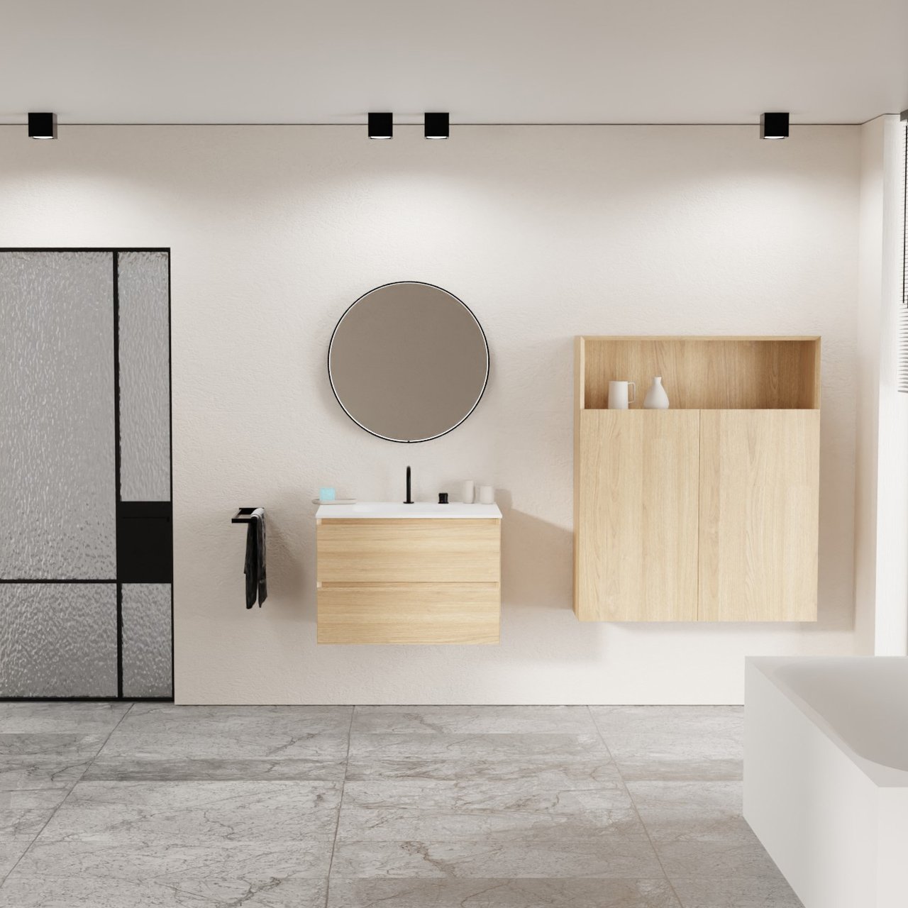 Balmani Mitra meuble salle de bains suspendu 75 x 55 cm chêne naturel avec Tablo Arcato plan simple en solid surface blanc mat