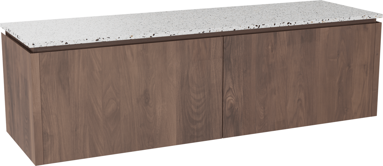 Balmani Eclips hängendes Möbelstück Set: 180 x 55 cm, Amerikanischer Nussbaum, mit Stretto Einzel- oder Doppel Waschtischplatte Bianco Nero Terrazzo