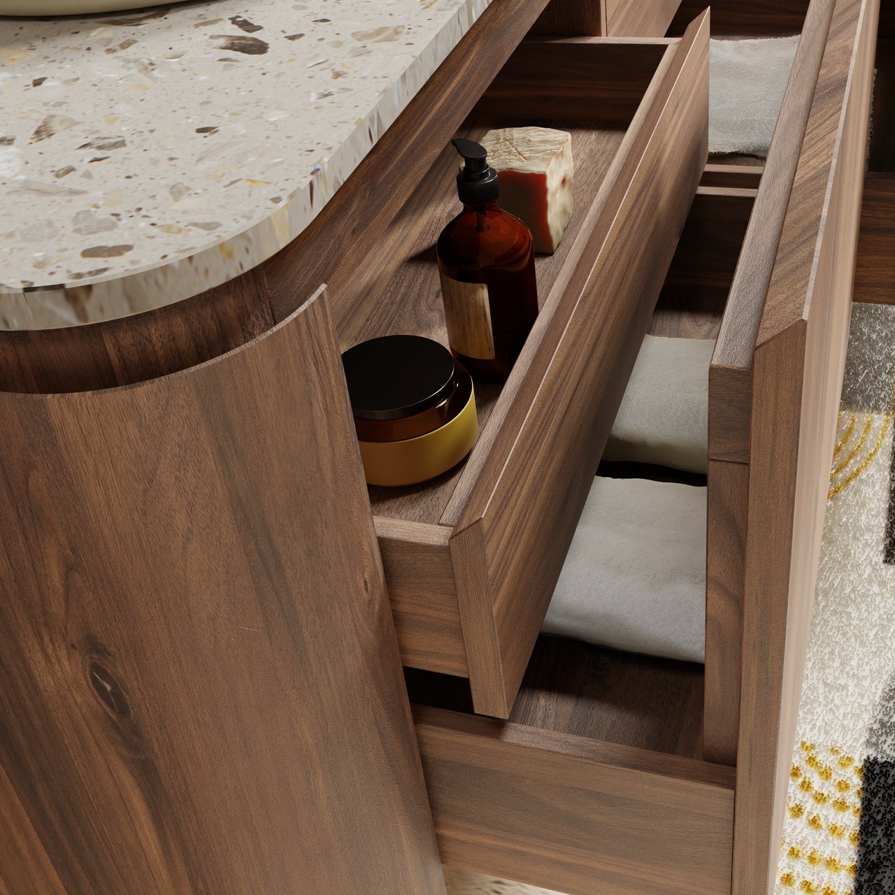 Balmani Moon hängendes Möbelstück Set: 100 x 55 cm, Amerikanischer Nussbaum, mit Moon Einzel Waschtischplatte, Terrazzo in Greige