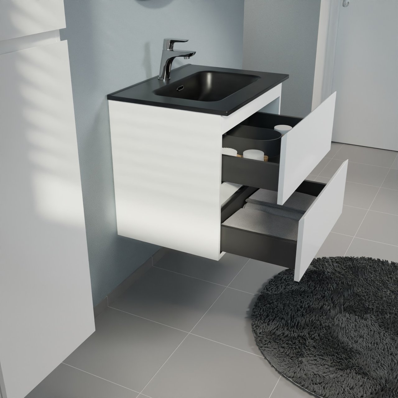 Linie Lado meuble salle de bains suspendu 60 x 46 cm blanc mat avec Baro plan simple en porcelaine noir mat