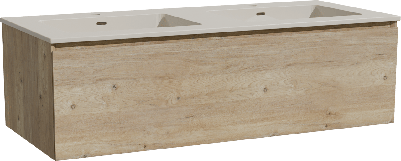 Storke Edge zwevend badkamermeubel 120 x 52 cm ruwe eik met Diva dubbele wastafel in top solid zijdegrijs