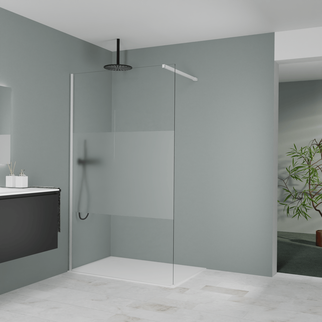 Balmani Modular Walk-In Dusche: 120 x 200 cm, Klarglas mit mattiertem Streifen, Profil Weiß matt