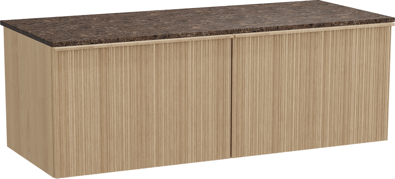 Balmani Forma zwevend badmeubel 135 x 55 cm naturel eiken met Stretto enkel of dubbel wastafelblad in marmer dark emperador, Verticale asymmetrische ronde ribbel