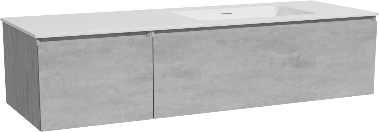 Storke Edge meuble salle de bains suspendu 150 x 52 cm béton gris foncé avec Mata plan vasque asymétrique à droite en solid surface blanc mat